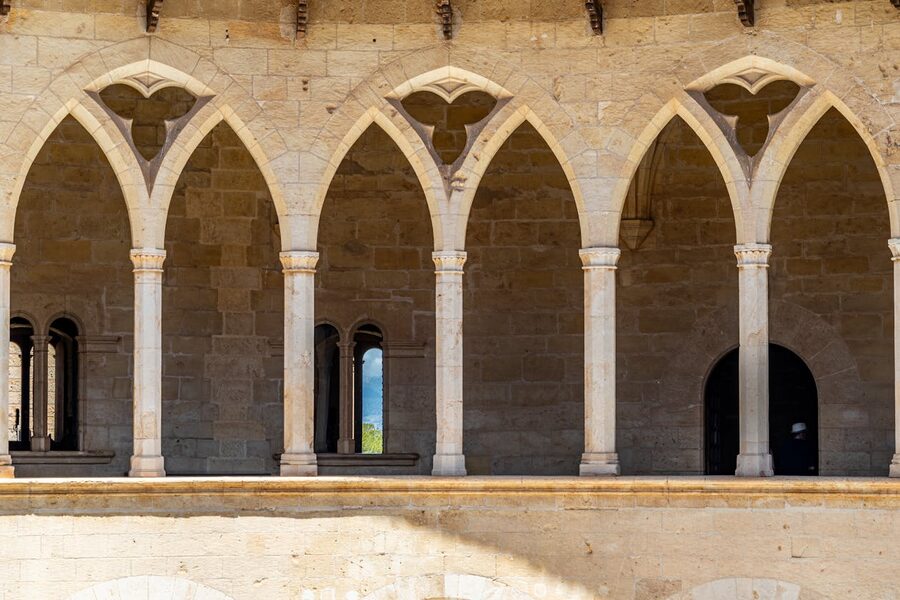 Stone Gothic arches at Bellver Castle interior