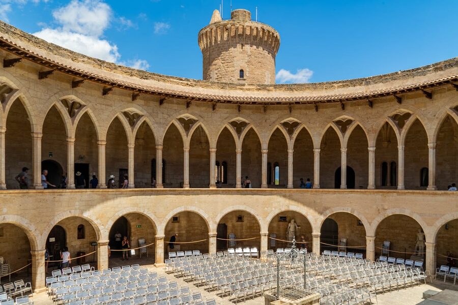 Inner courtyard of Bellver Castle with circular Gothic arcades