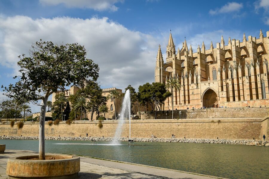 Palma cathedral and Almudaina Palace beside reflecting pool
