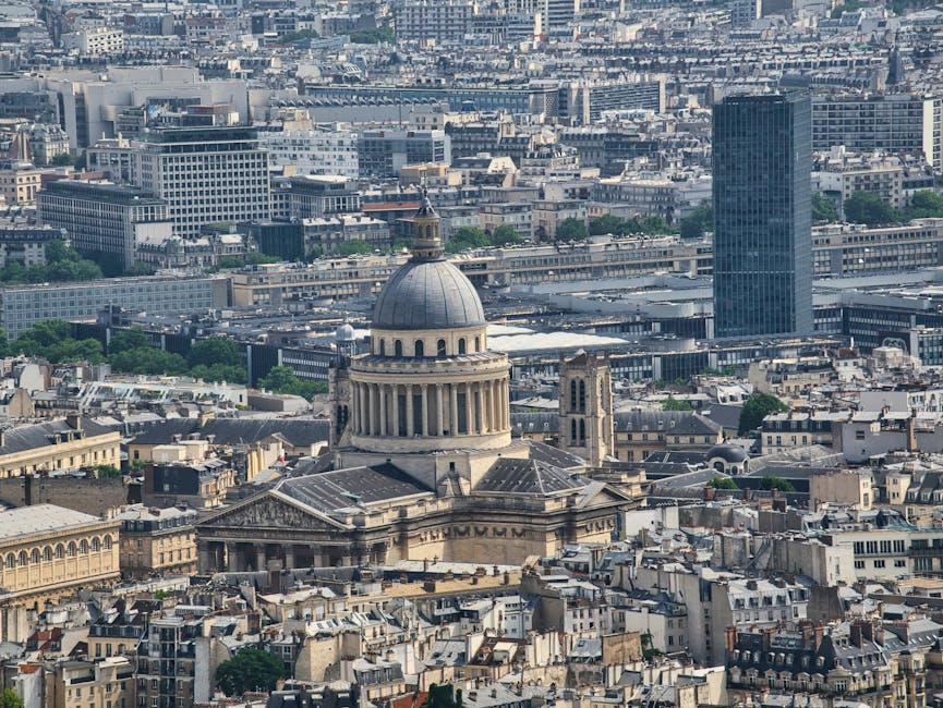 Aerial view of the Panthéon Paris among the historic rooftops of the 5th arrondissement