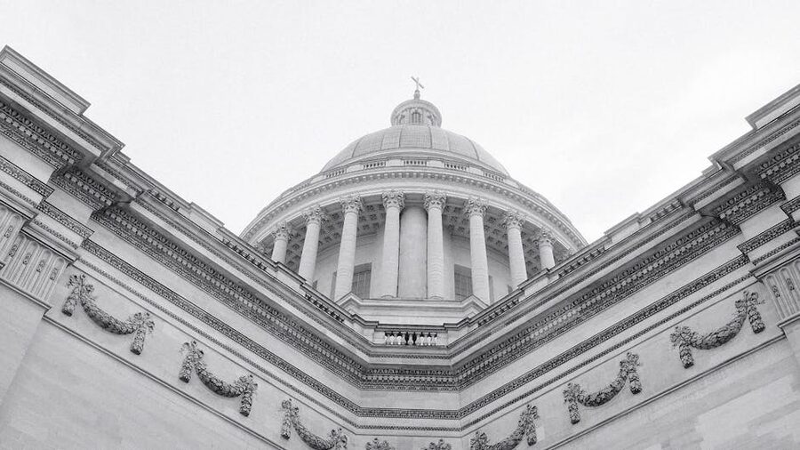 Black and white view of the Panthéon Paris dome rising over the Latin Quarter
