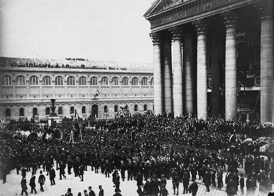 Archival photo of Victor Hugo funeral procession arriving at the Panthéon Paris 1 June 1885
