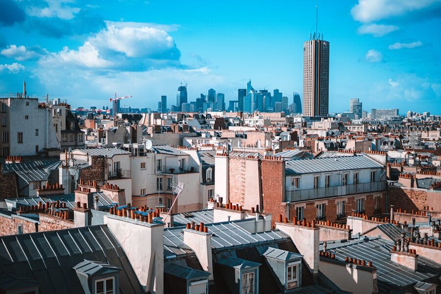 Paris rooftops with La Defense skyscrapers in the distance