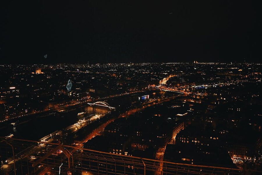 Paris night skyline from the Eiffel Tower viewing platform