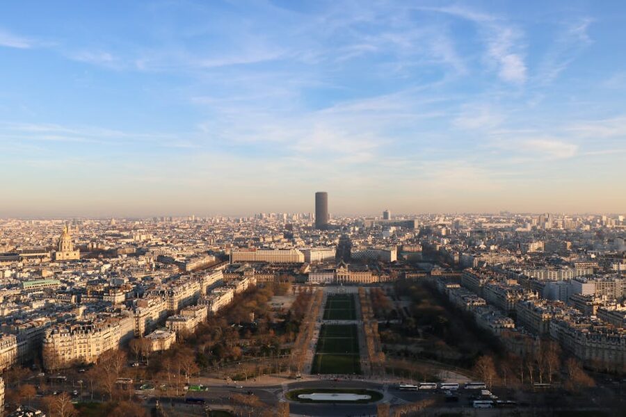 Paris cityscape at sunset with the Eiffel Tower and skyline