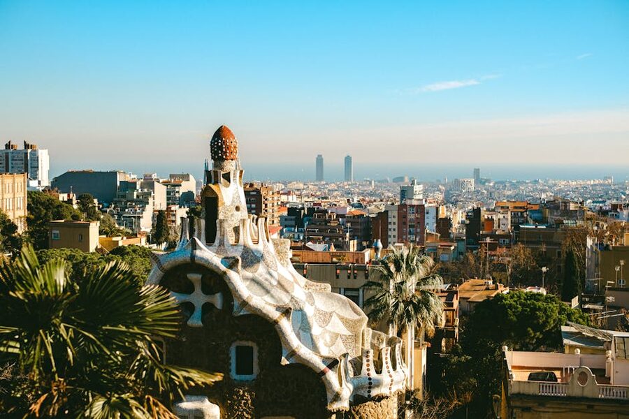 Park Guell aerial view with Barcelona behind