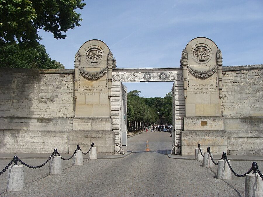 Main entrance gate of Pere Lachaise Cemetery in Paris