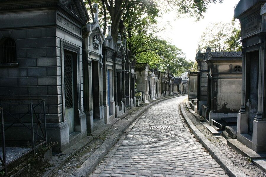 Tombs and mausoleums panorama at Pere Lachaise Cemetery Paris