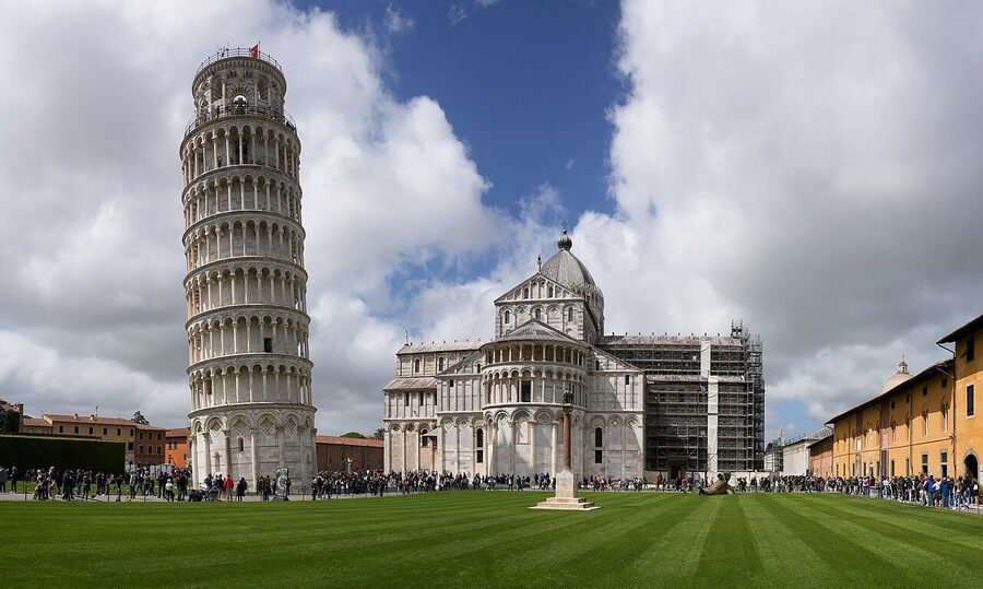 The full Piazza dei Miracoli with cathedral, baptistery and tower