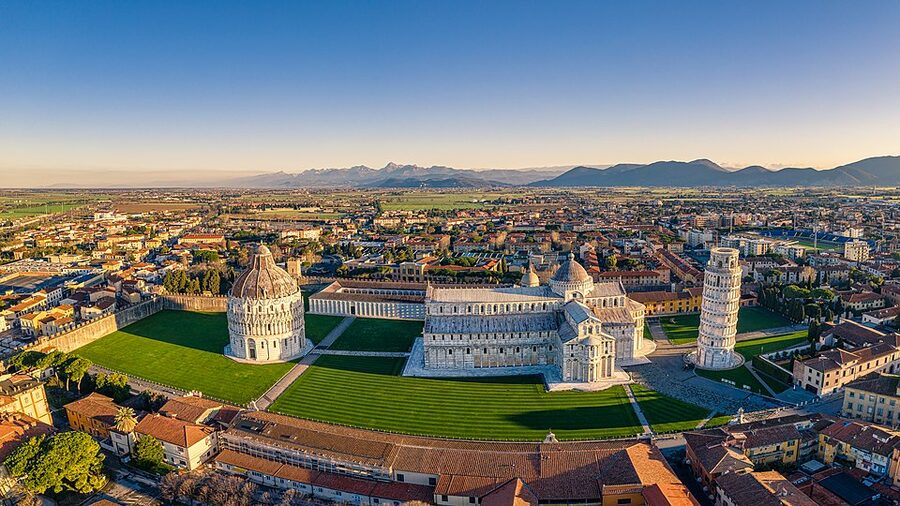 Aerial panorama of Piazza dei Miracoli with the Cathedral, Baptistery, Camposanto and Leaning Tower