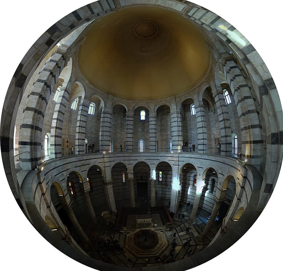 Interior of the Pisa Baptistery showing the dome and font