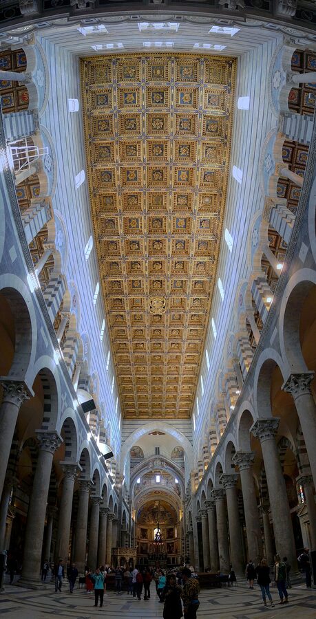 Interior of the Pisa Cathedral with carved gold ceiling