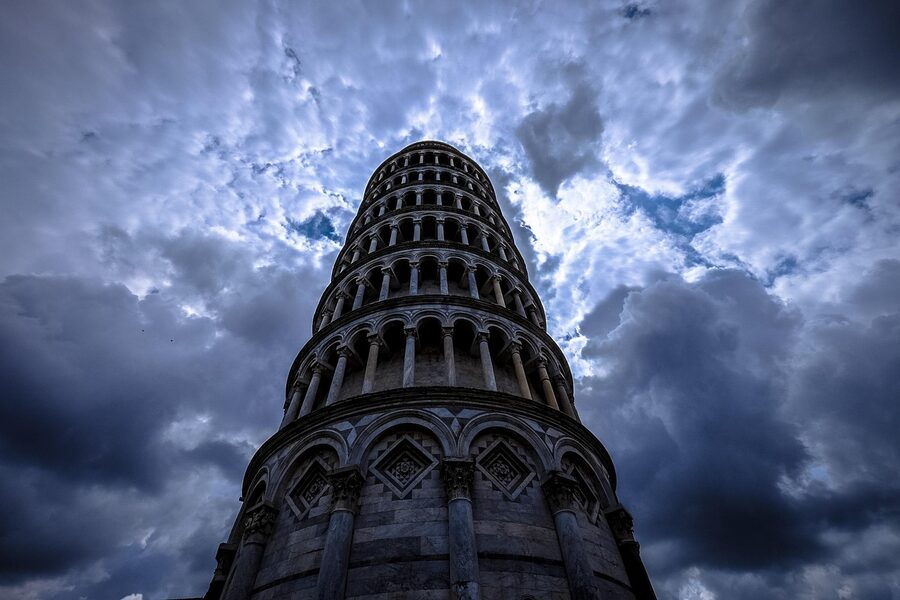Low-angle view of the Leaning Tower of Pisa's arches
