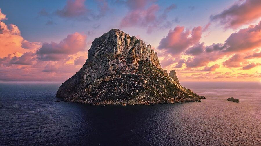 Es Vedra Ibiza island at dusk silhouette