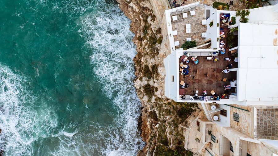 Polignano cliff terrace aerial view over Adriatic
