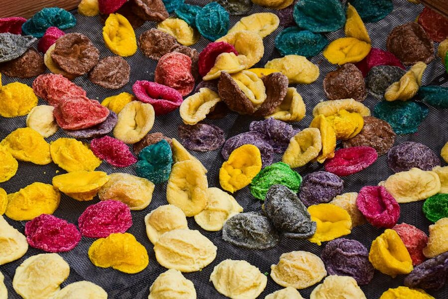Orecchiette pasta drying outdoors in Apulia
