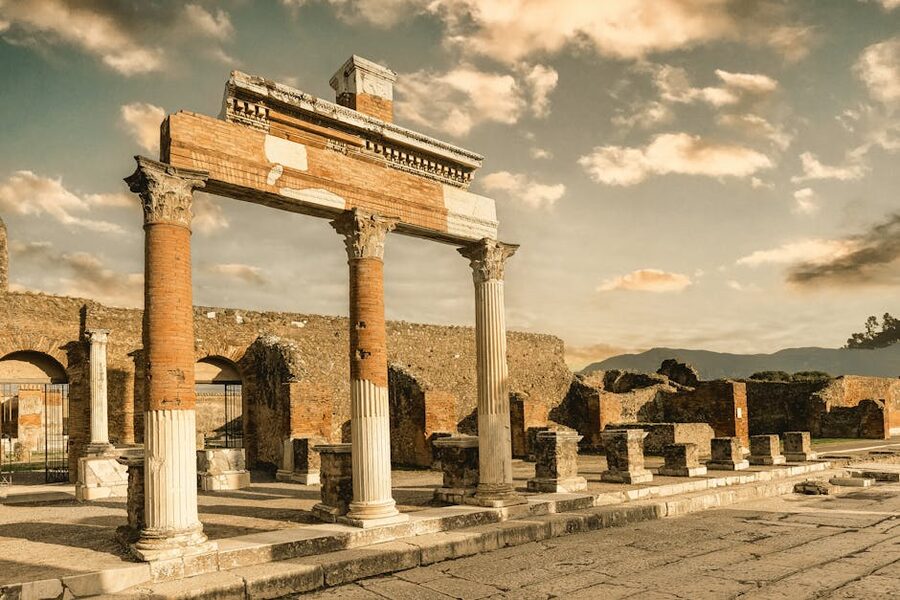 Pompeii ruins under dramatic sky