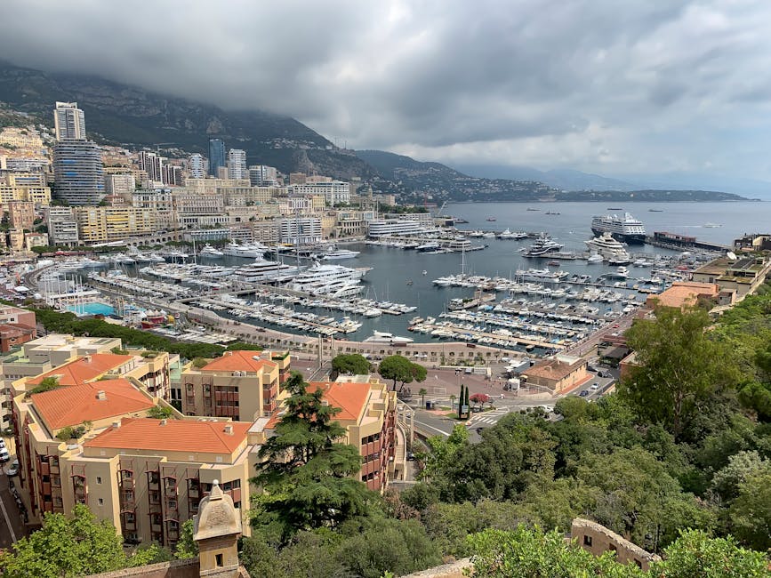 Aerial view of Port Hercule with rows of luxury yachts and the Monaco skyline