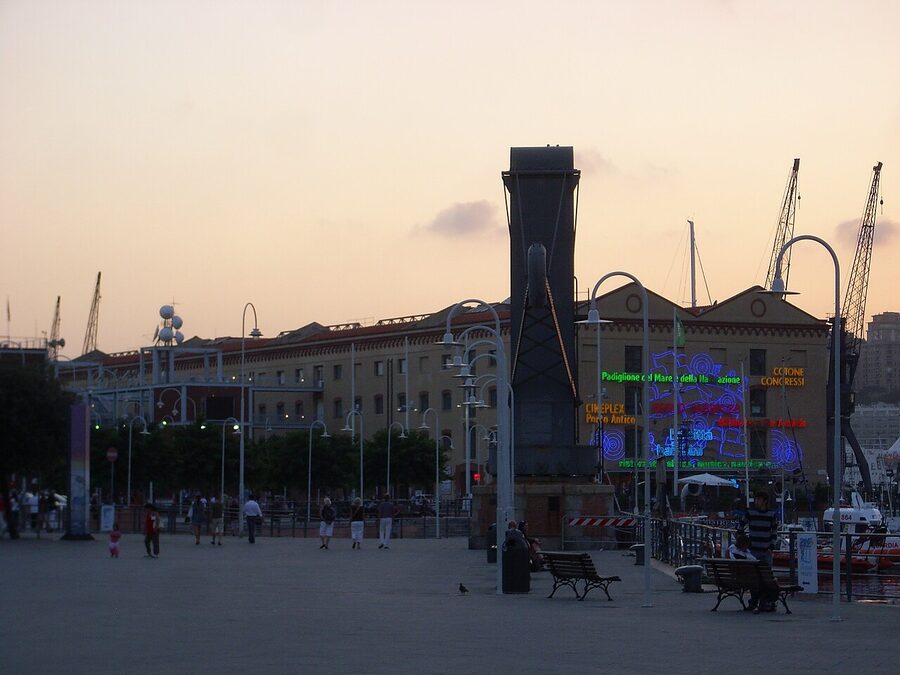 Porto Antico of Genova with the Bigo crane and harbour buildings