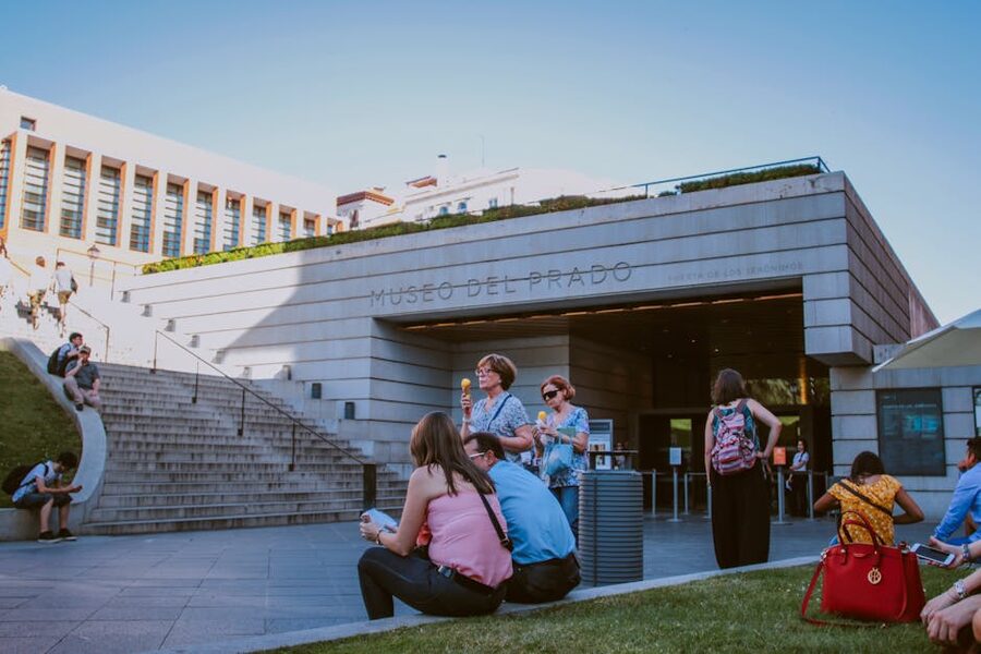 People at the entrance of Museo del Prado in Madrid Spain