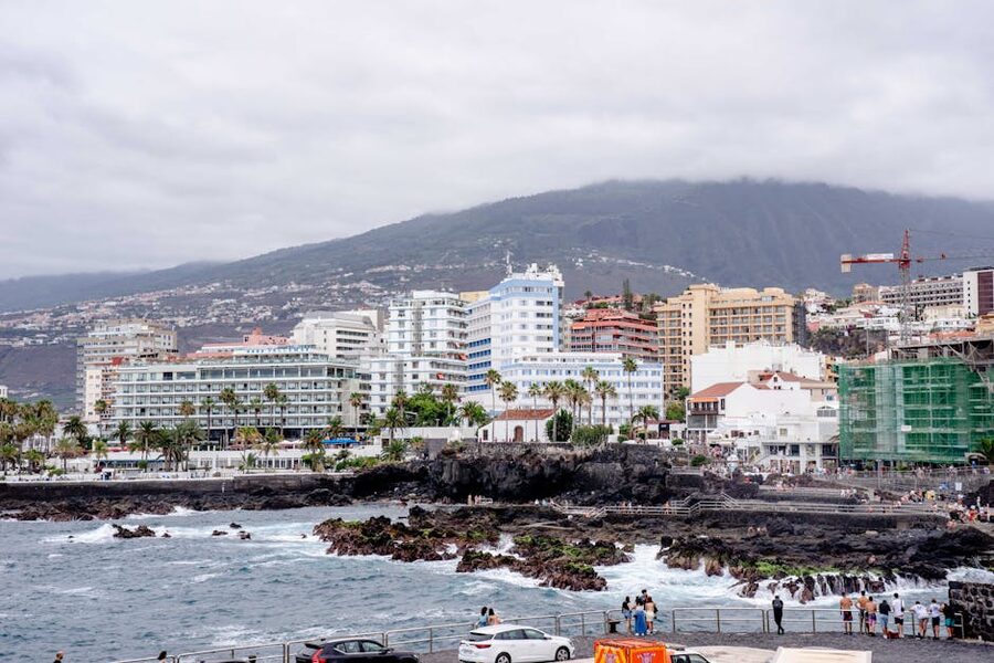 Seaside cityscape of Puerto de la Cruz with rocky shore