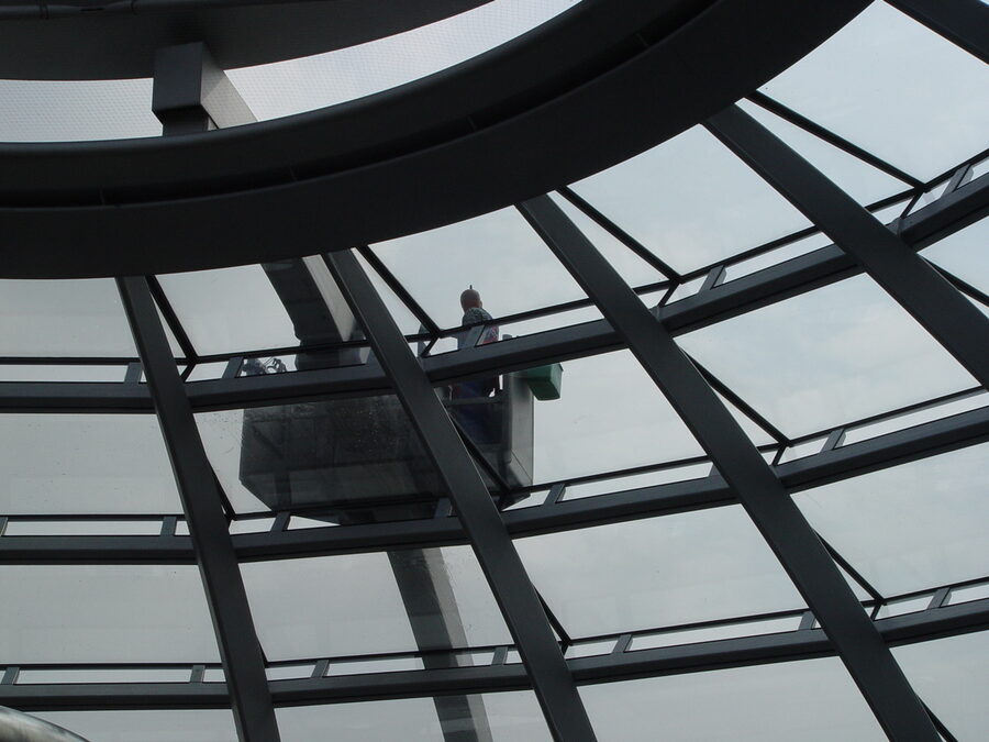 Detail of the inverted mirror cone inside the Reichstag dome with hundreds of angled mirrors