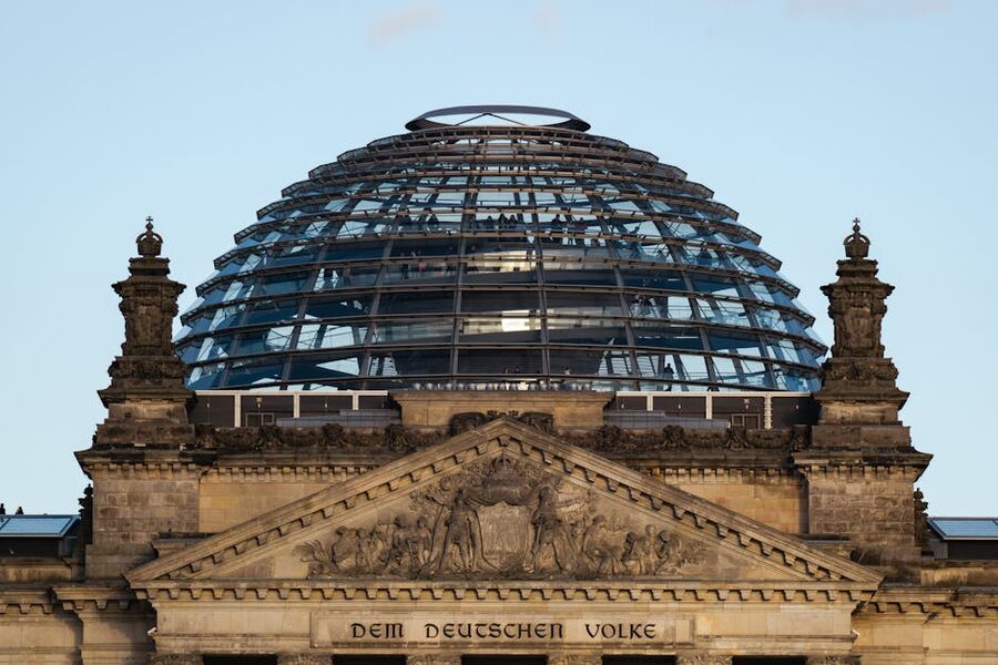 Reichstag glass dome viewed from outside against a clear sky