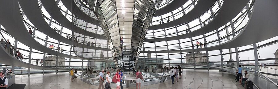 Panoramic view inside the Reichstag dome looking up at the cone and ramps
