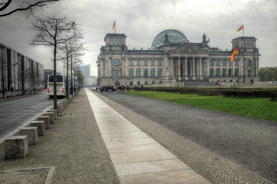 The Reichstag at evening with the city behind