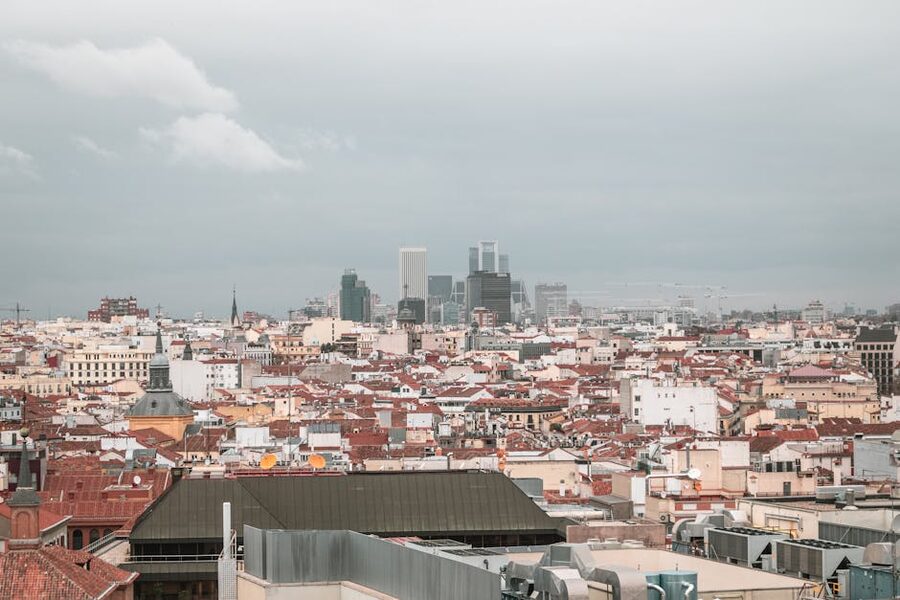 Aerial view of Madrid skyline showing urban architecture