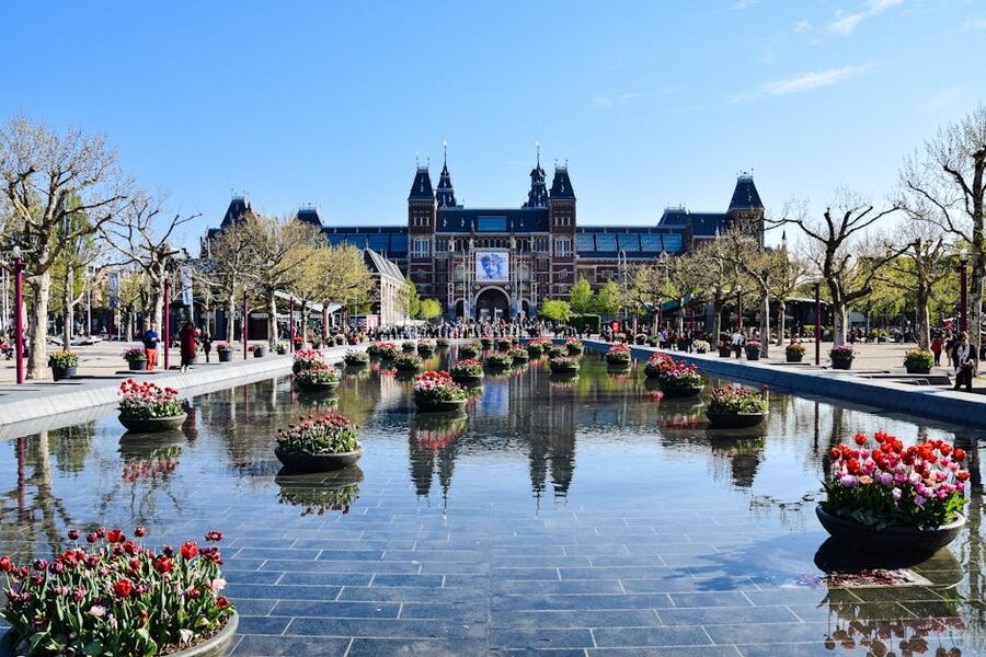 The Rijksmuseum reflecting pool with flowers in spring