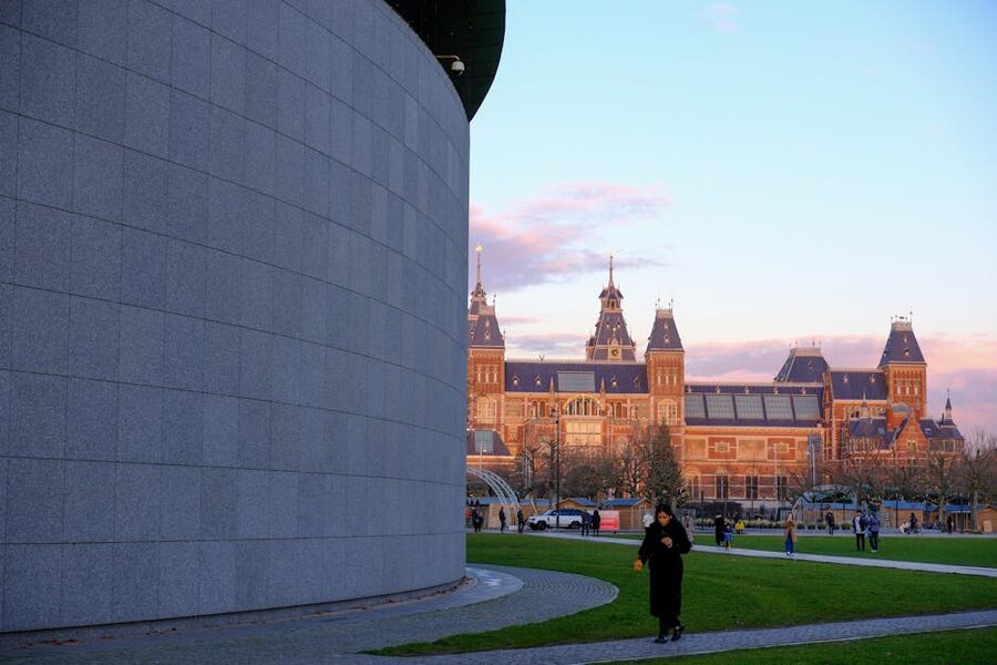 The Rijksmuseum at sunset over Museumplein