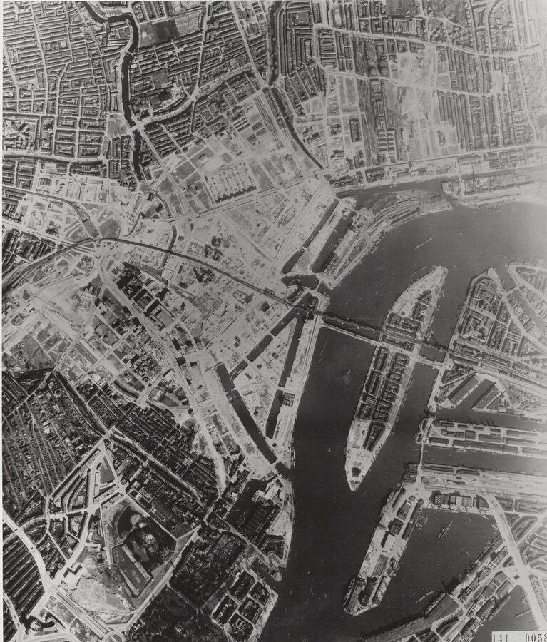 Aerial photograph of Rotterdam in 1943 showing the flattened city centre three years after the German bombing