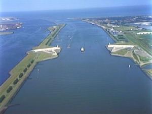 The Maeslantkering storm-surge barrier near Hoek van Holland with one arm visible