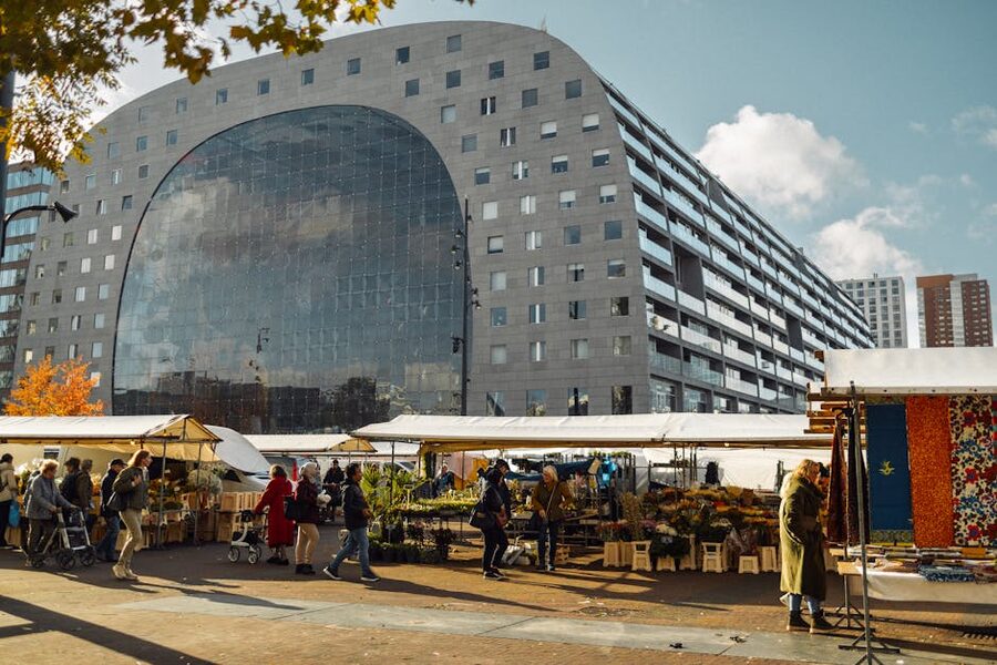 The Markthal building in Rotterdam, a horseshoe-shaped covered market with apartments built into the arch