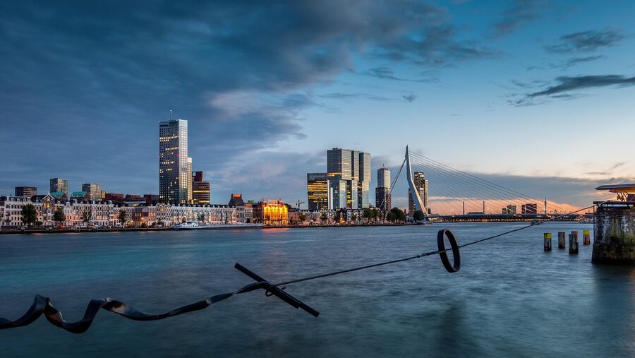 The Maastoren and the Rotterdam skyline with the Erasmus Bridge below