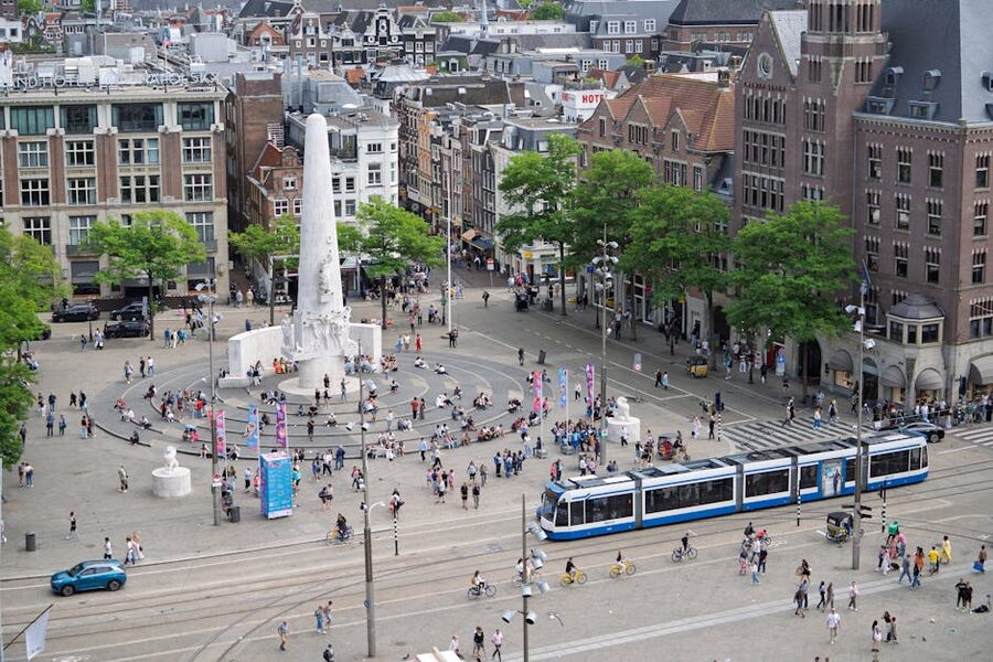 Aerial view of Dam Square with the Royal Palace in Amsterdam