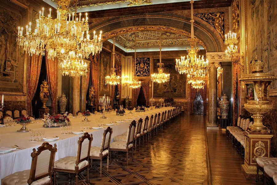 Royal Palace Madrid Banquet Hall dining room set for state dinner