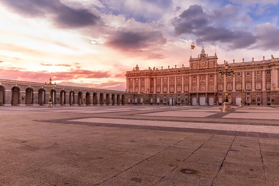Royal Palace Madrid at sunset with cityscape