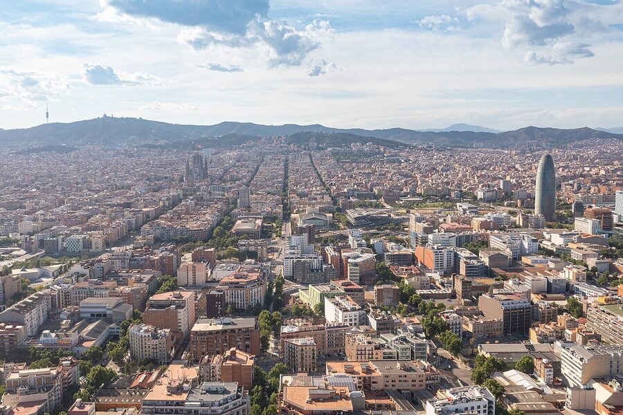 Aerial view of Sagrada Familia and surrounding Barcelona Eixample district