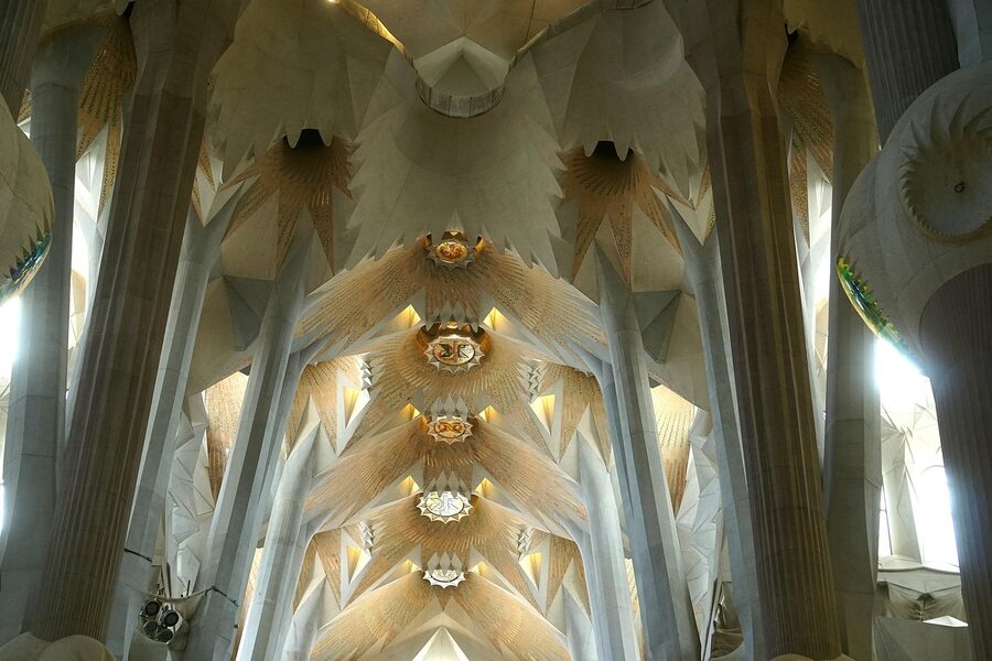 Sagrada Familia art nouveau interior detail with statues and carved stone