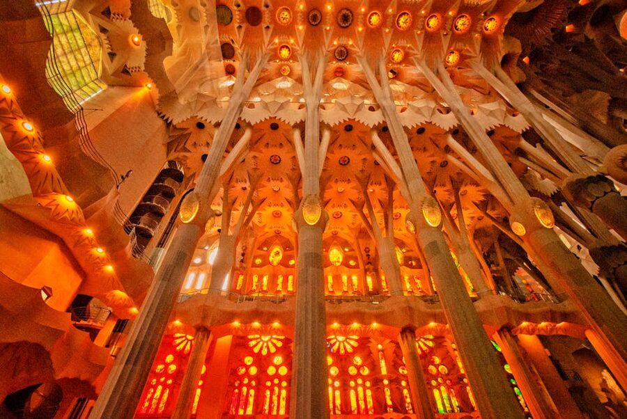 Sagrada Familia interior with illuminated branching columns
