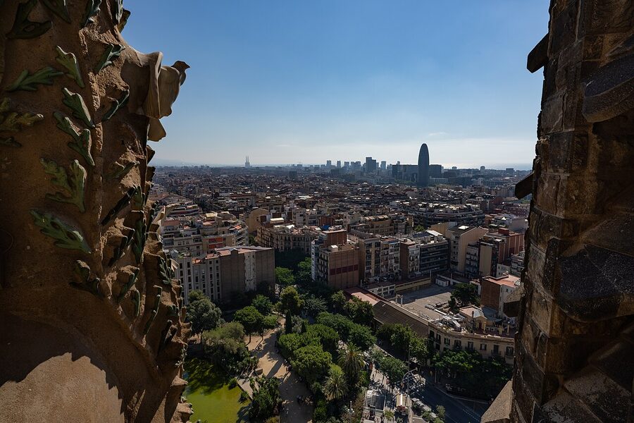 View from the Nativity tower of Sagrada Familia looking out over Barcelona
