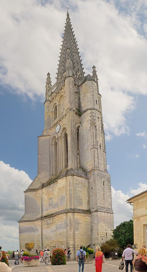 The bell tower of the Monolithic Church above Saint-Émilion's rooftops