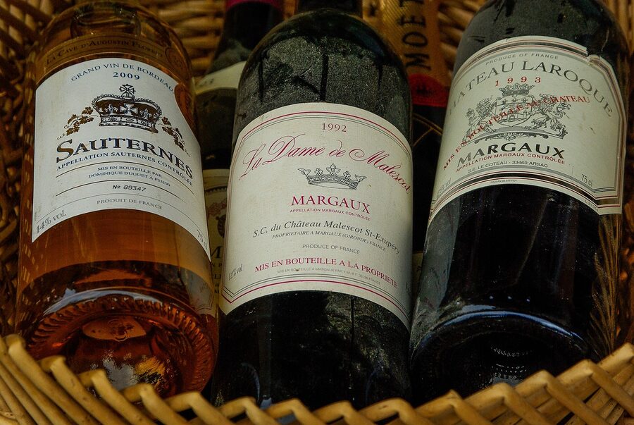 Bottles of Bordeaux wines Medoc Margaux Sauternes