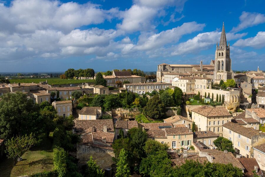 Saint-Émilion village seen across a working vineyard
