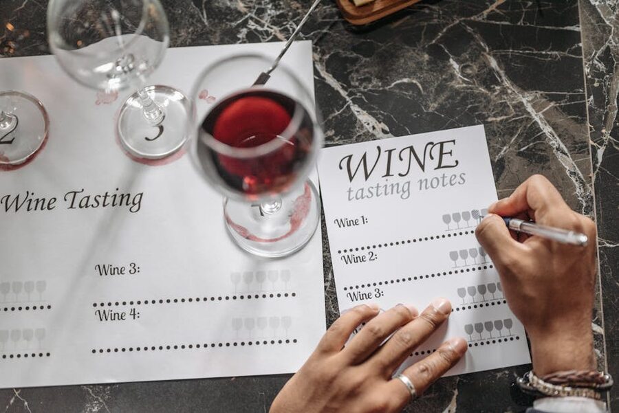 Wine tasting setup with glasses, notes and marble surface