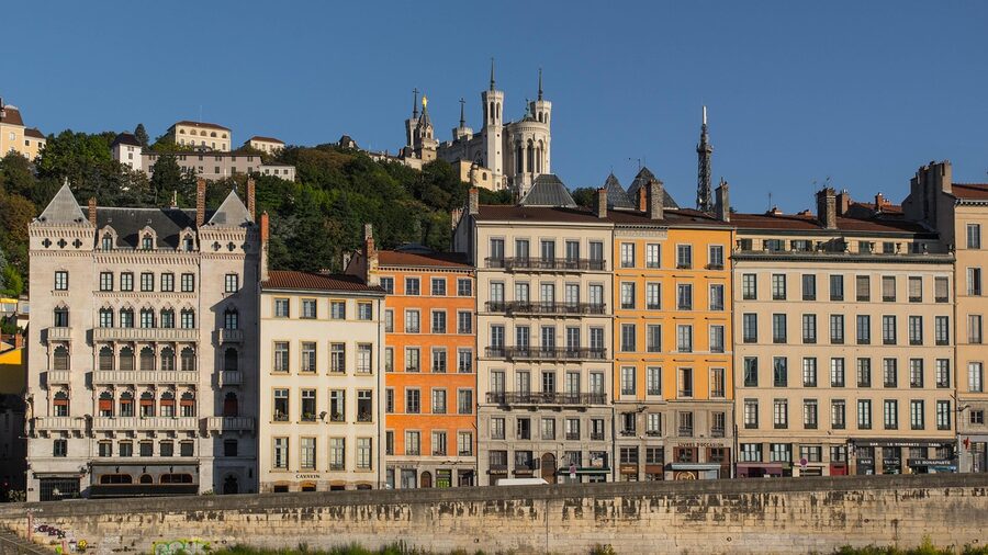 View of Saint-Jean cathedral, Saone river dock and Fourviere basilica in Lyon