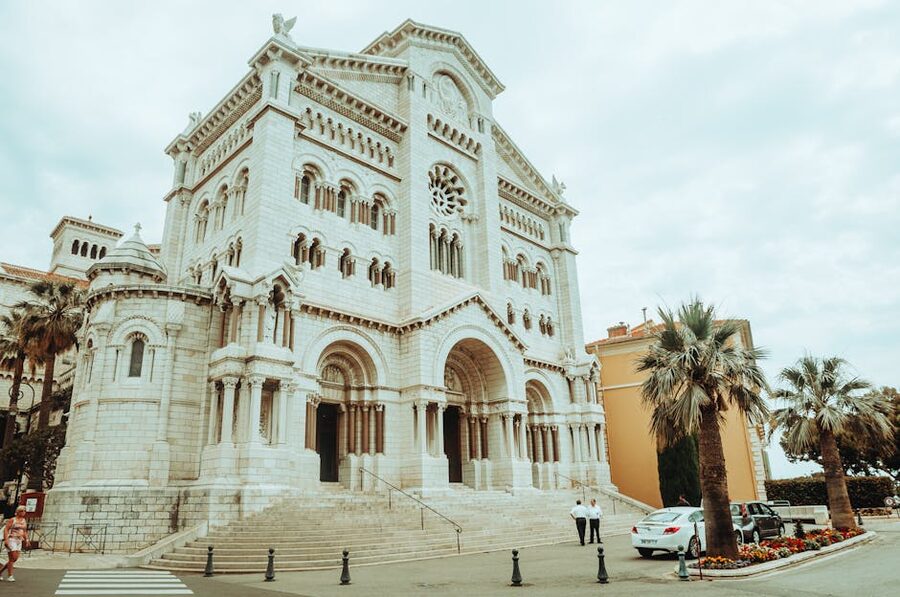 Saint Nicholas Cathedral in Monaco with its Romanesque Revival white stone facade