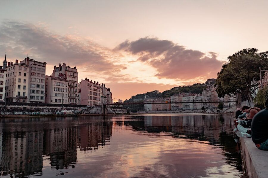 Saint-Vincent footbridge over the Saone river at sunset, Lyon